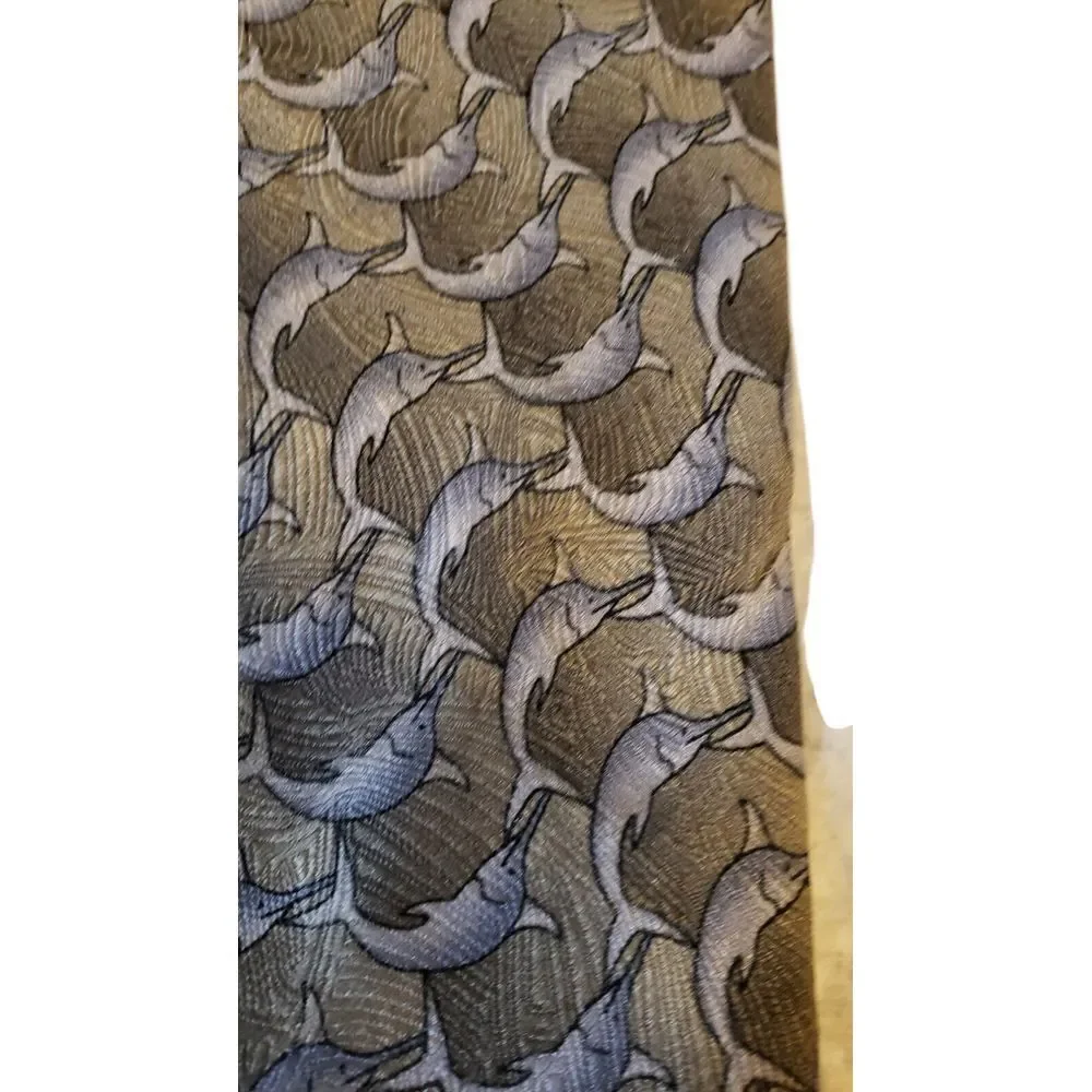 The Nature Conservancy 'Marlin'‎ Neck Tie Mens Tan Blue Dolphins 100% Silk Work